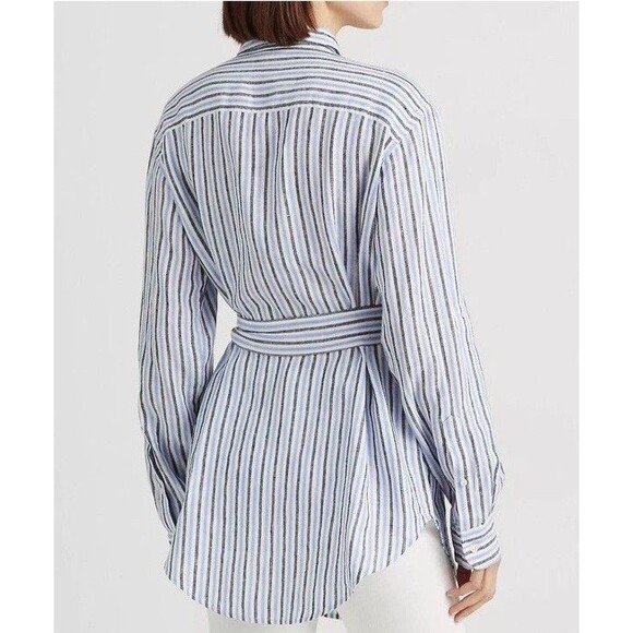 Lauren Ralph Lauren Women’s PS Striped BELTED‎ Linen Tunic Blouse Black Lable - Picture 3 of 8